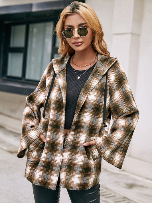 Ivy Lane Pocketed Plaid Long Sleeve Hooded Jacket-Angel Casuals