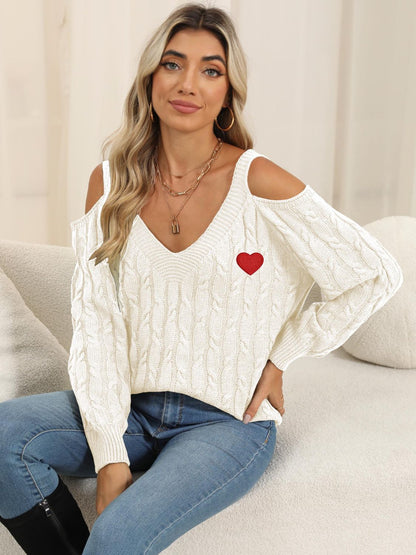 Cable-Knit Heart V-Neck Sweater-Angel Casuals