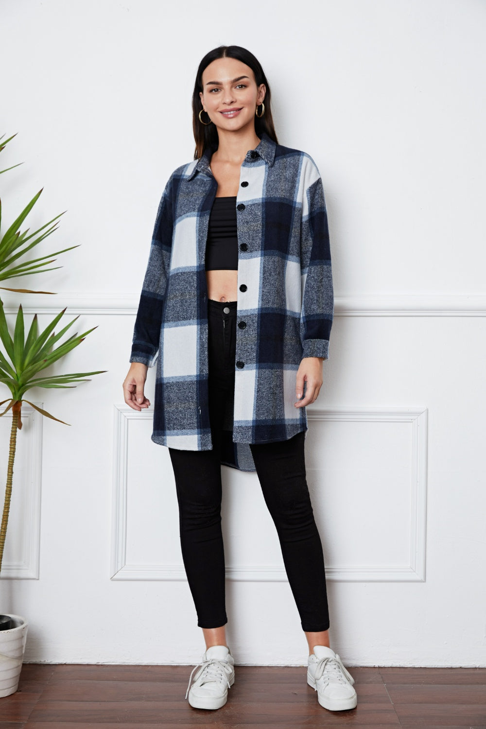 Plaid Button Up Collared Neck Outerwear-Angel Casuals