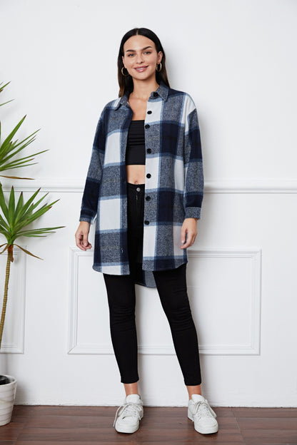 Plaid Button Up Collared Neck Outerwear-Angel Casuals