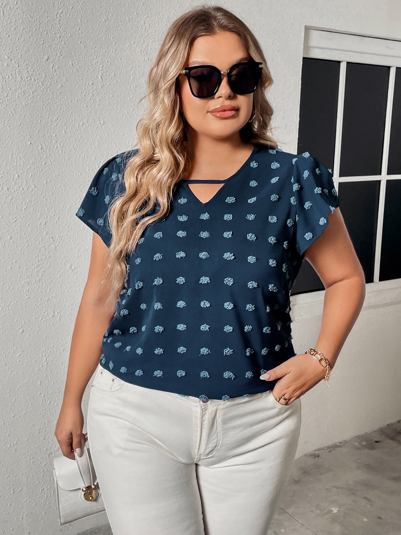 Plus Size Swiss Dot V-Neck Flutter Sleeve Tee-Angel Casuals