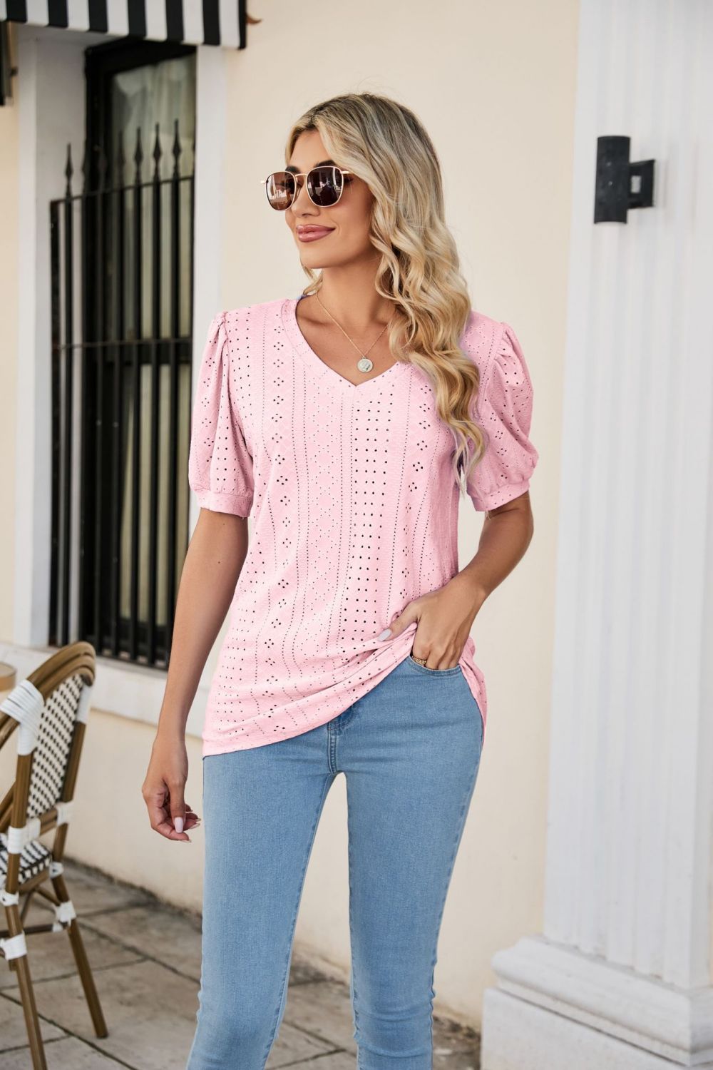 Eyelet Puff Sleeve V-Neck Top-Angel Casuals