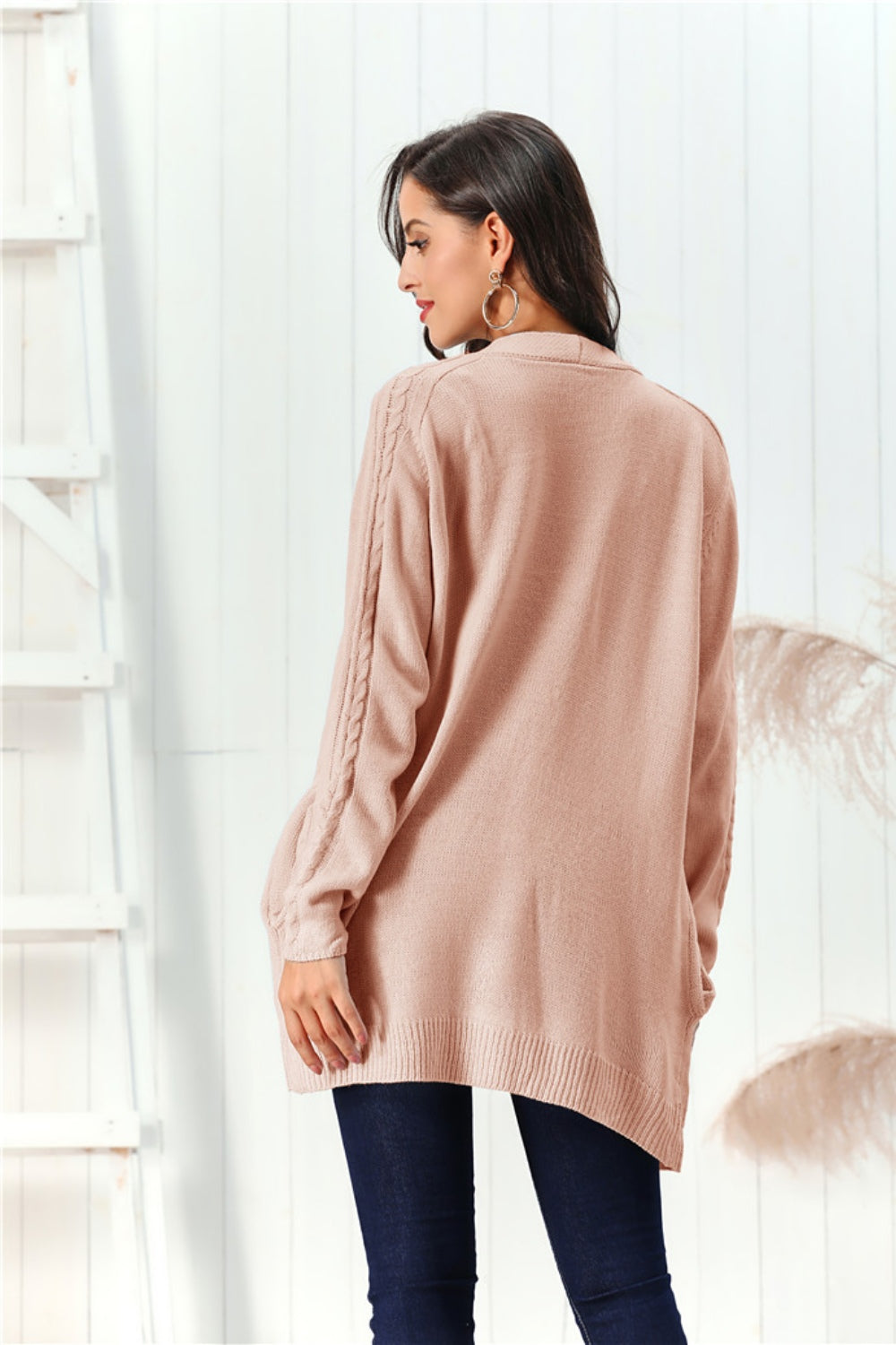 Cable-Knit Open Front Long Sleeve Cardigan-Angel Casuals