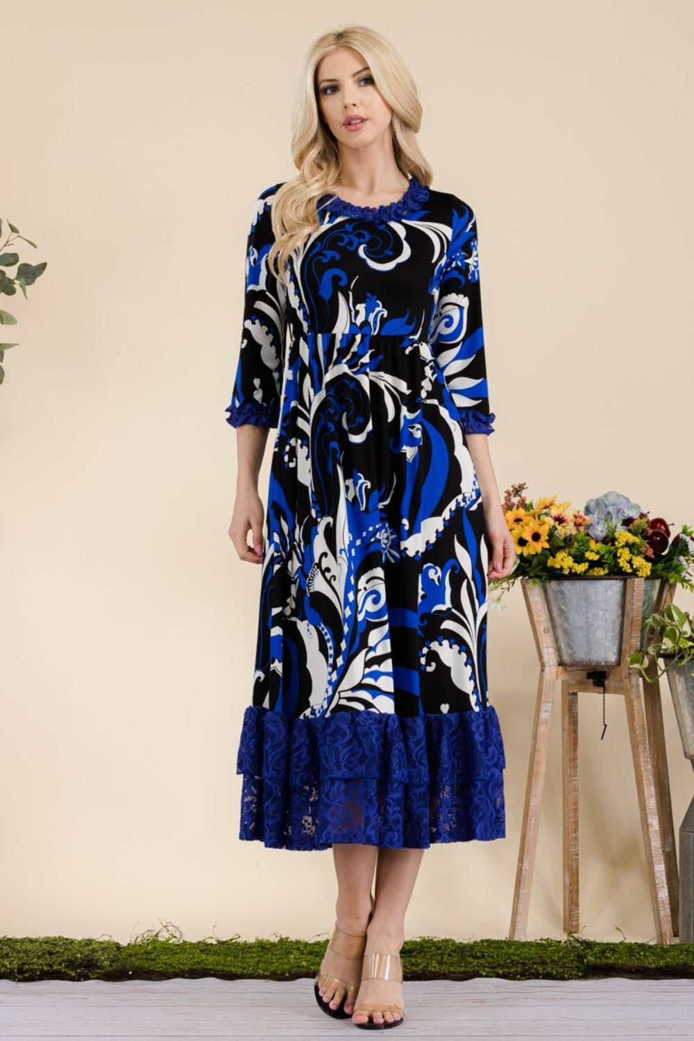 Celeste Full Size Paisley Print Lace Ruffled Midi Dress-Angel Casuals