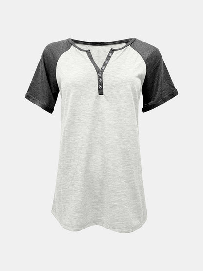 Contrast Notched Short Sleeve T-Shirt-Angel Casuals