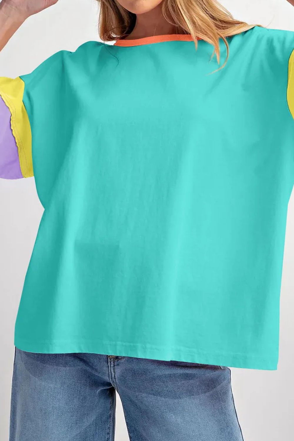 Color Block Round Neck Half Sleeve T-Shirt-Angel Casuals