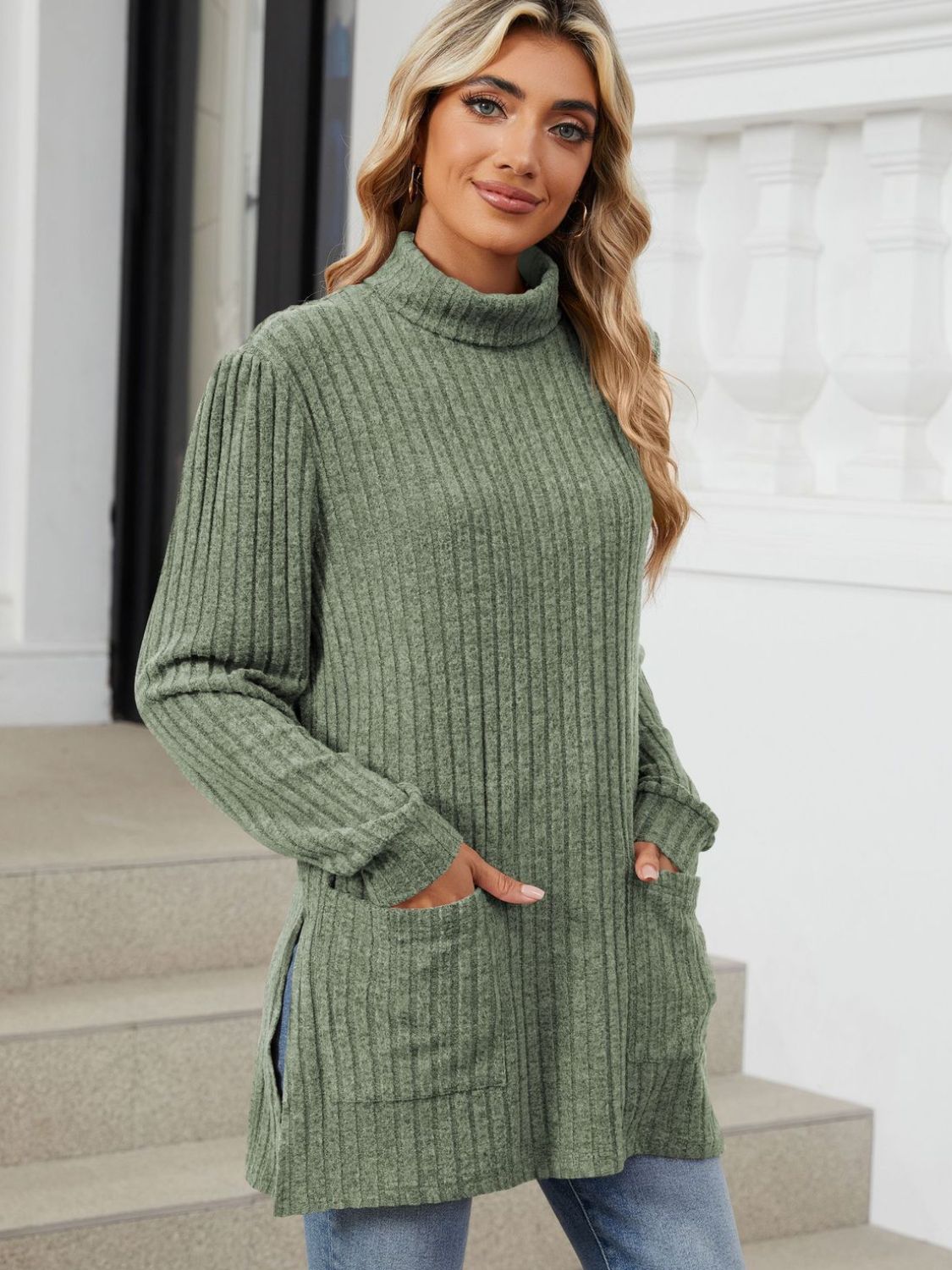 Slit Mock Neck Long Sleeve T-Shirt-Angel Casuals