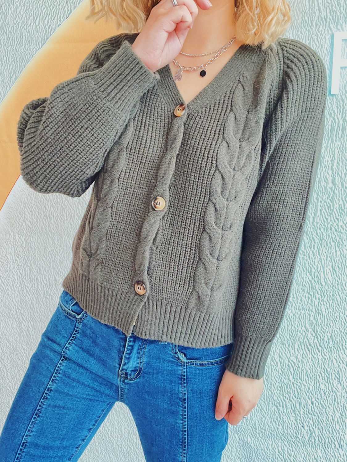 Cable-Knit V-Neck Button Down Long Sleeve Cardigan-Angel Casuals