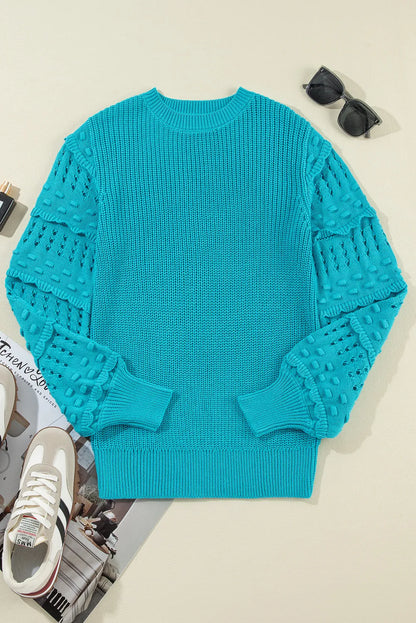 Openwork Frill Round Neck Long Sleeve Sweater-Angel Casuals