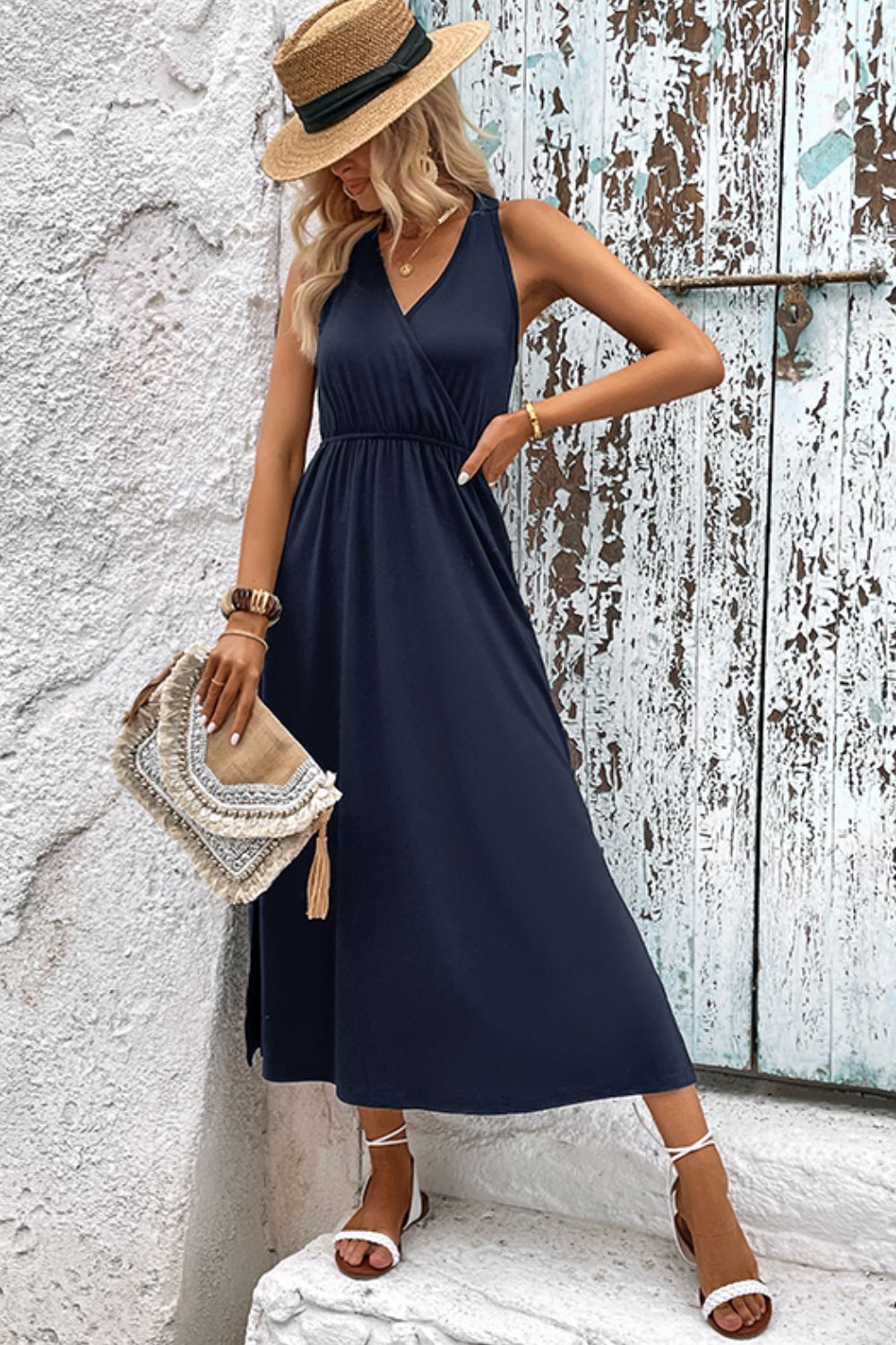 Surplice Neck Slit Sleeveless Dress-Angel Casuals