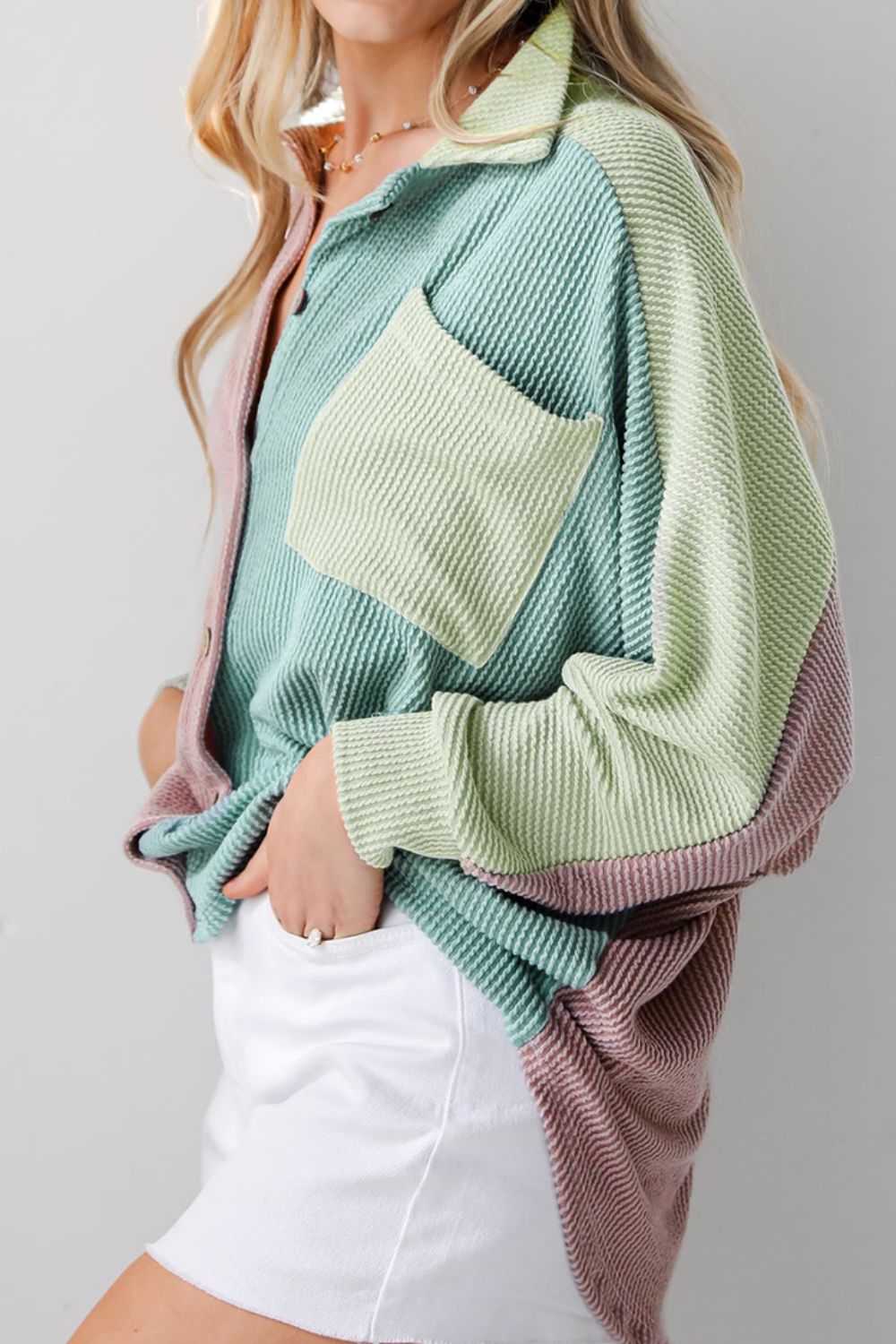 Color Block Corded Button Up Shacket-Angel Casuals