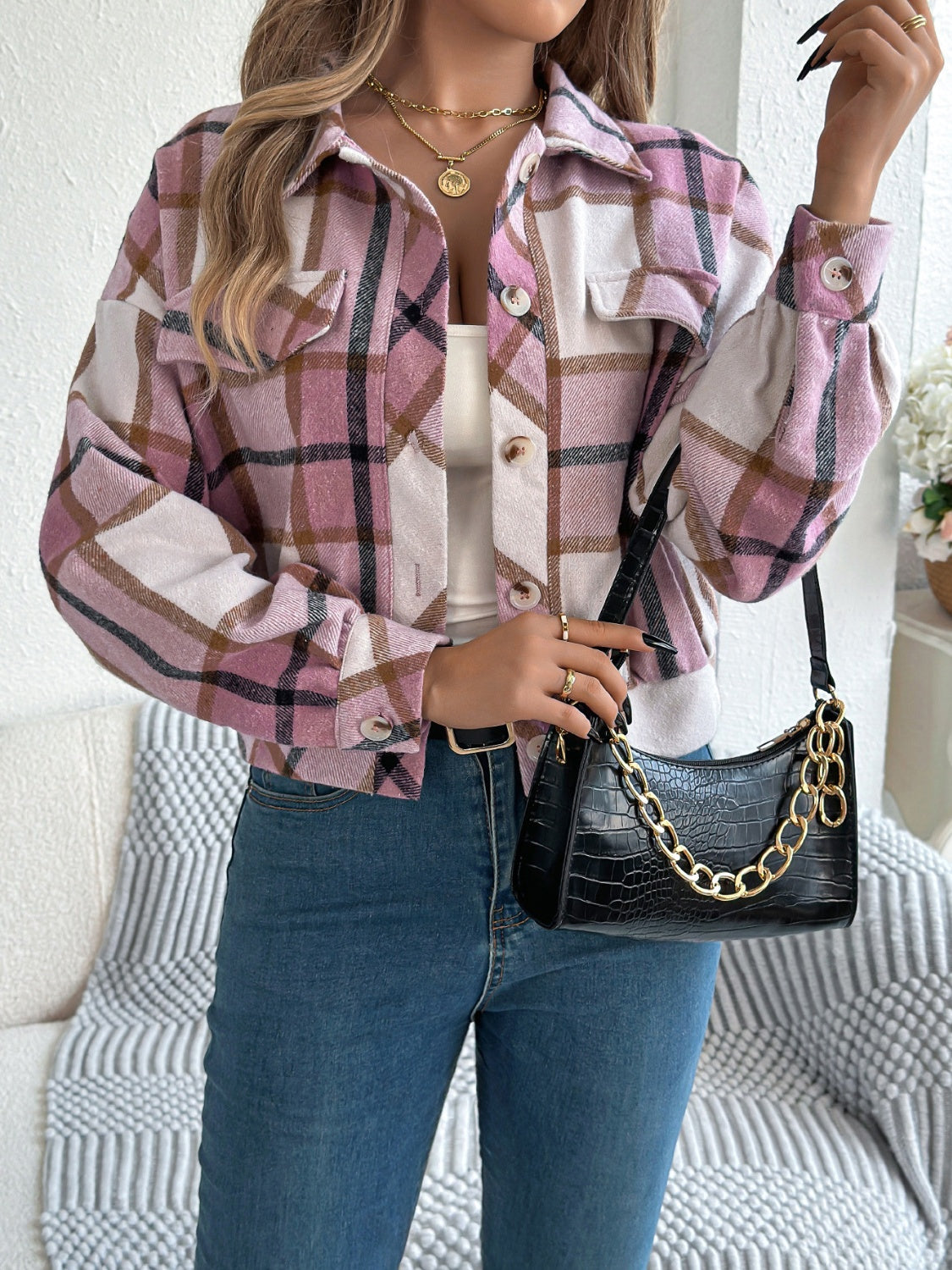 Plaid Button Up Long Sleeve Jacket-Angel Casuals