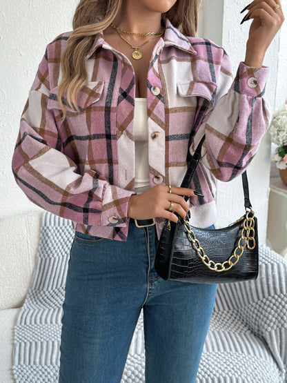 Plaid Button Up Long Sleeve Jacket-Angel Casuals