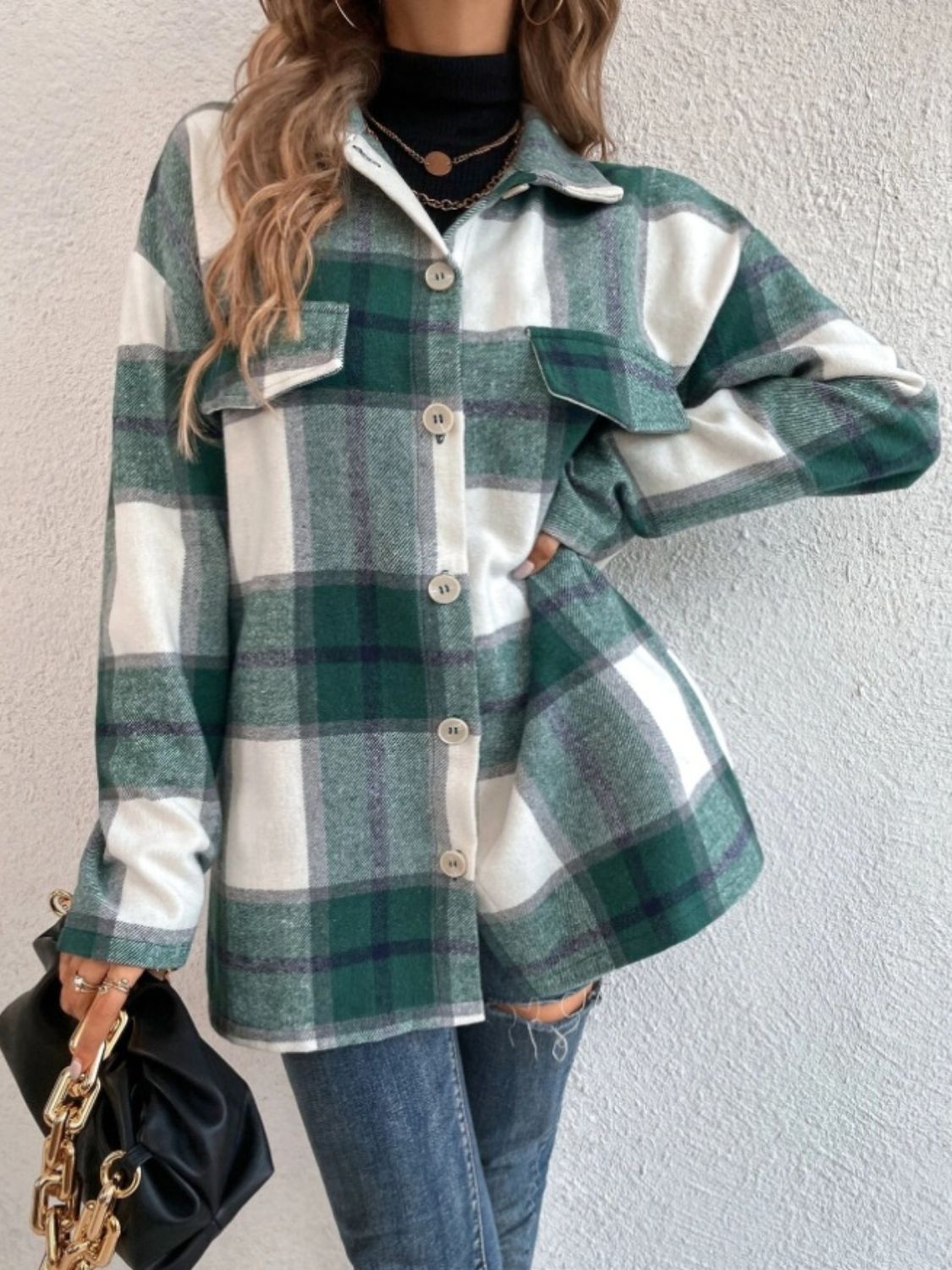 Plaid Collared Neck Dropped Shoulder Shacket-Angel Casuals