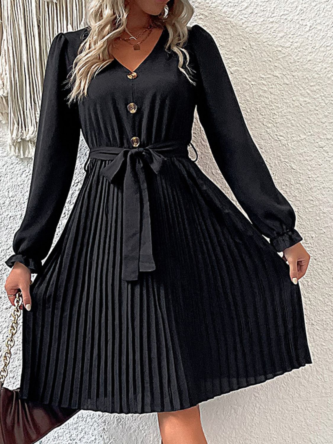 Decorative Button Belted Puff Sleeve Pleated Dress-Angel Casuals