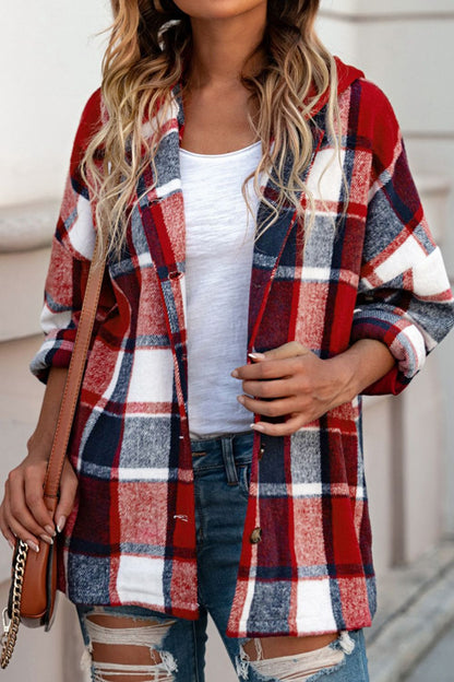 Plaid Button Up Hooded Shacket-Angel Casuals