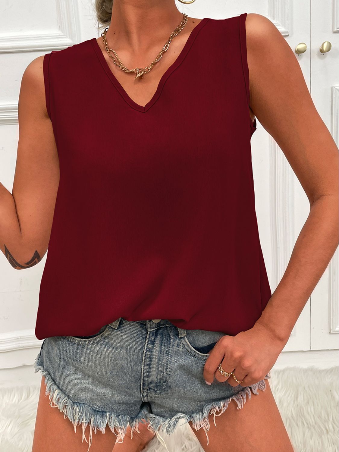 V-Neck Curved Hem Tunic Tank-Angel Casuals