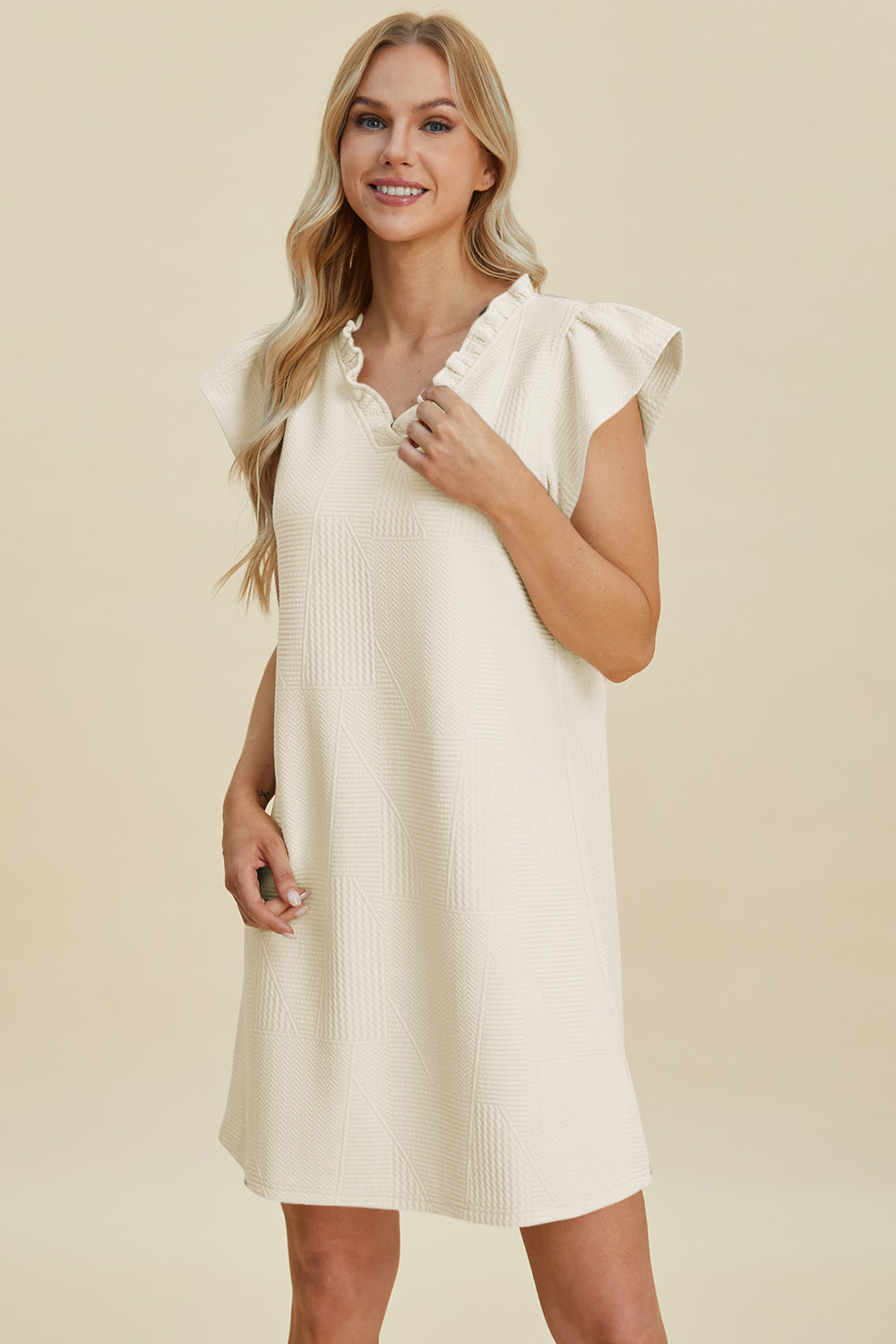 Double Take Full Size Ruffled V-Neck Cap Sleeve Dress-Angel Casuals