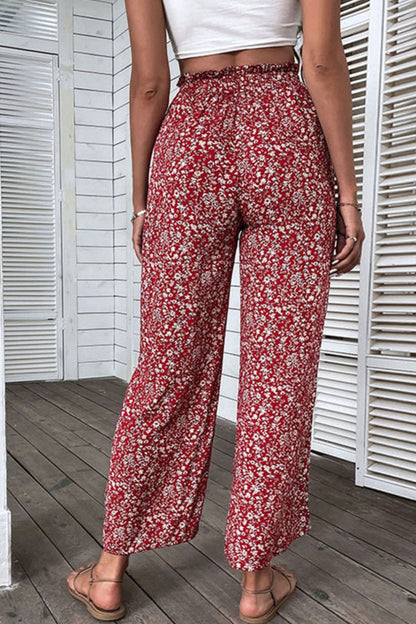 Ditsy Floral Slit Paperbag Waist Wide Leg Pants-Angel Casuals