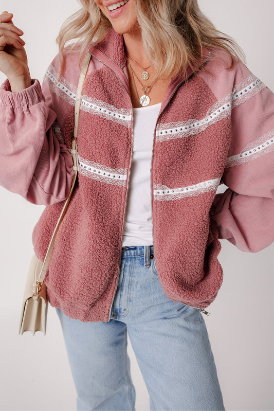 Lace Detail Zip Up Sherpa Patchwork Jacket-Angel Casuals