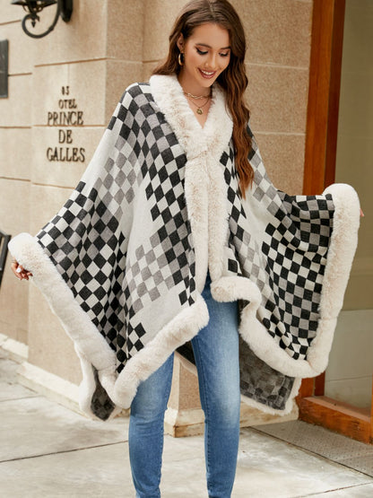 Checkered Faux Fur Trim Poncho-Angel Casuals