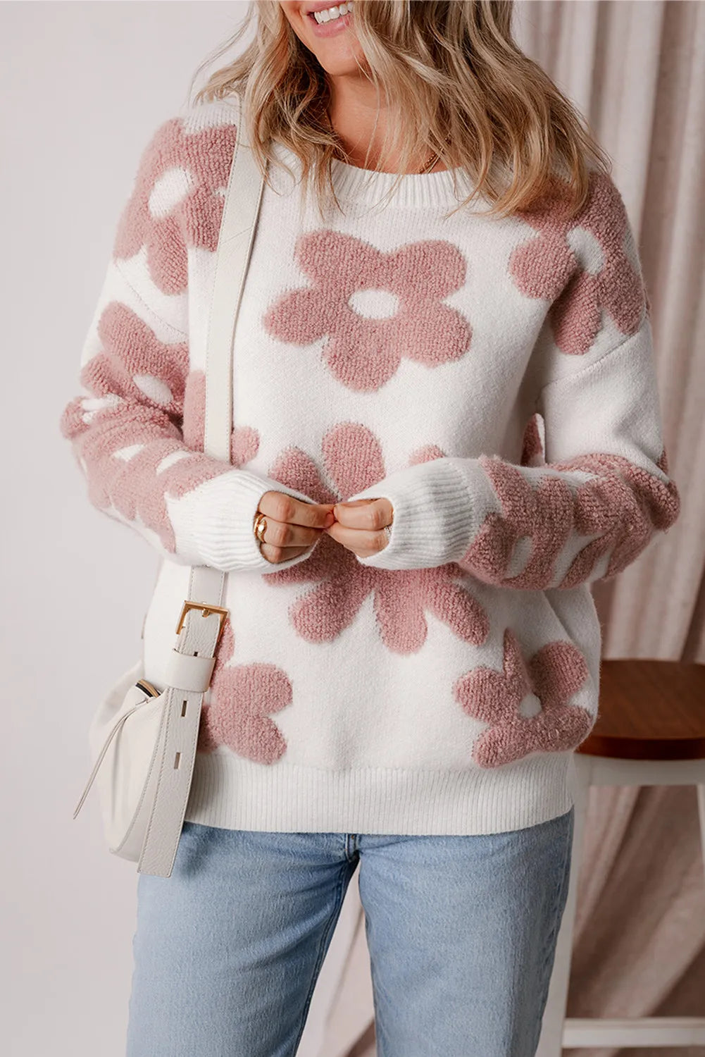 Flower Round Neck Long Sleeve Knit Top-Angel Casuals