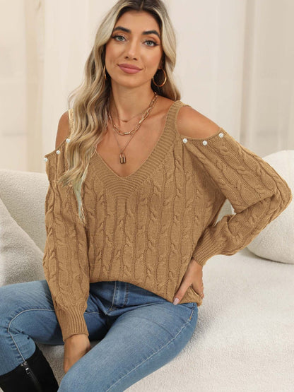 Cable-Knit Cold Shoulder Sweater-Angel Casuals