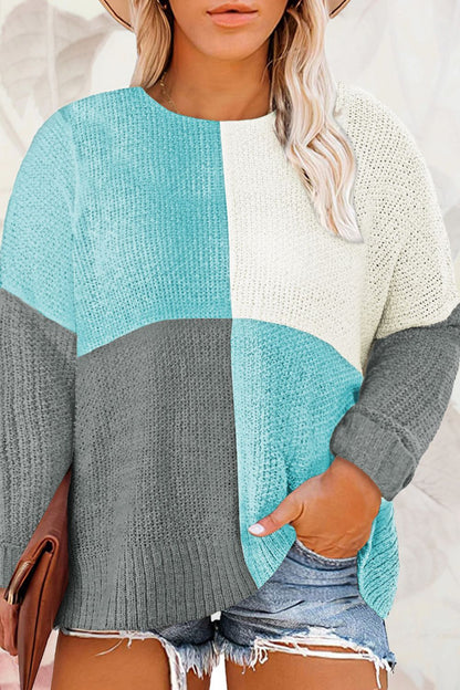 Plus Size Color Block Round Neck Sweater-Angel Casuals