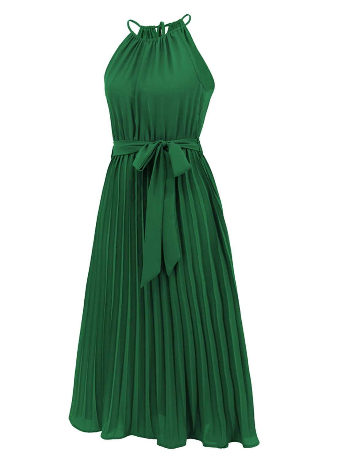 Pleated Spaghetti Strap Tie Waist Midi Dress-Angel Casuals