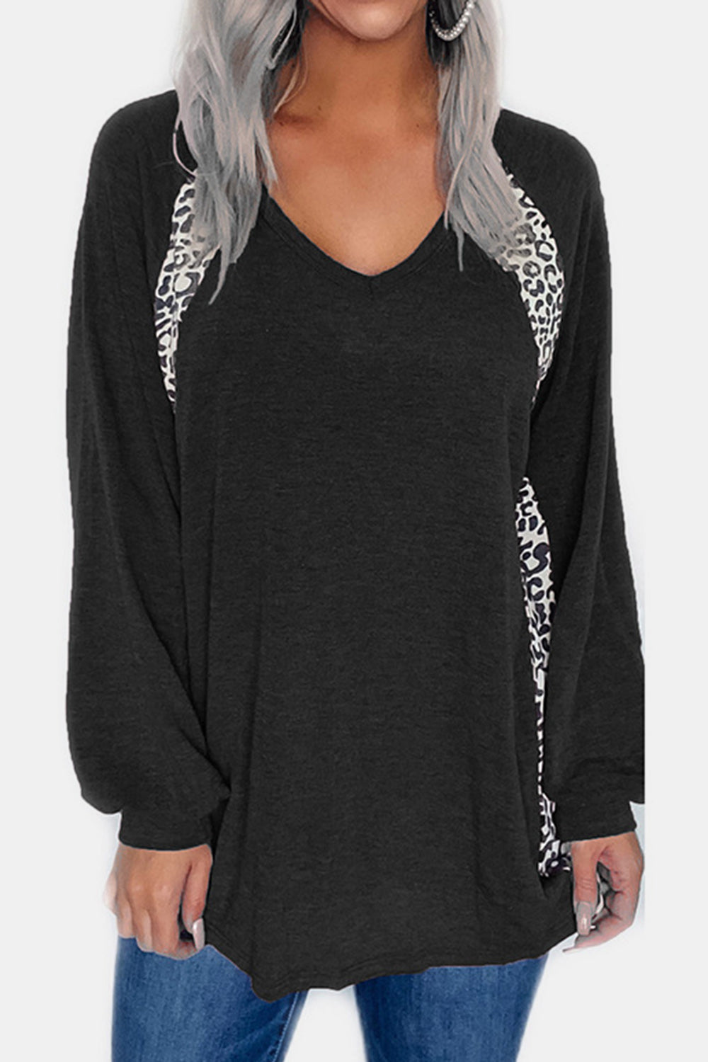 Full Size Leopard V-Neck Long Sleeve T-Shirt-Angel Casuals