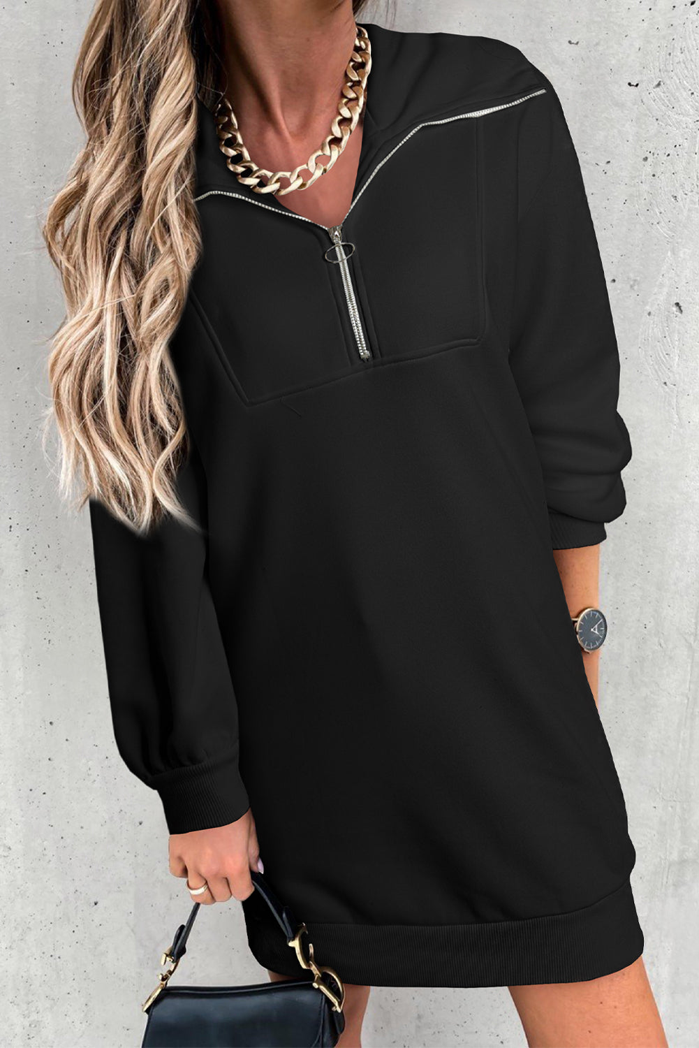 Half Zip Dropped Shoulder Mini Sweatshirt Dress-Angel Casuals