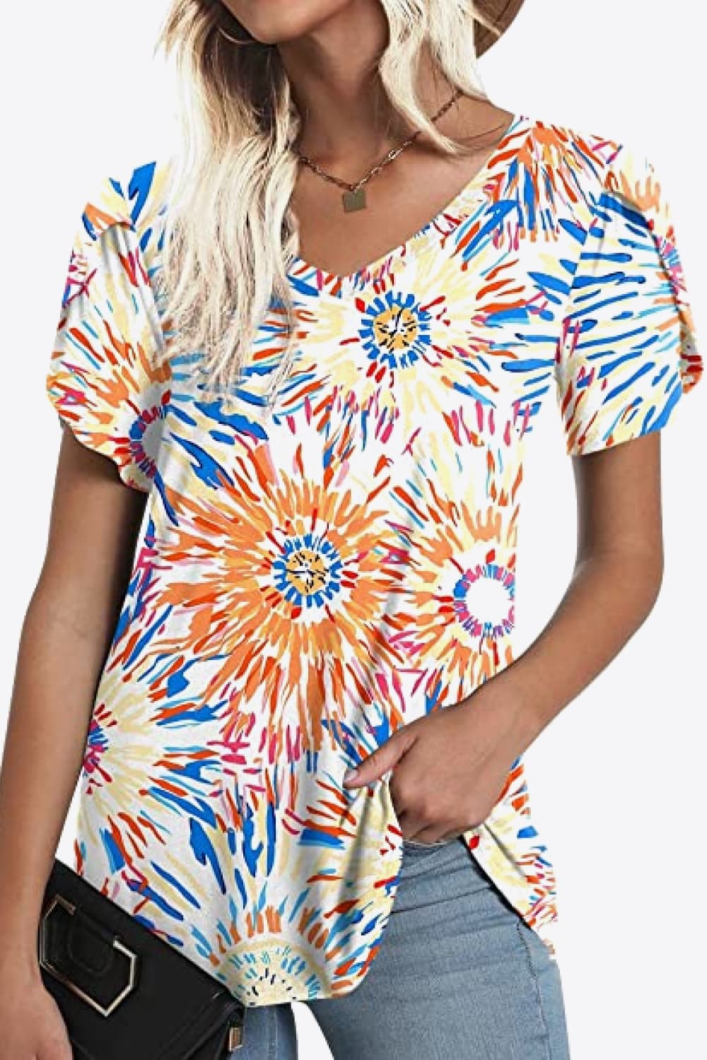 Printed Petal Sleeve V-Neck Blouse-Angel Casuals