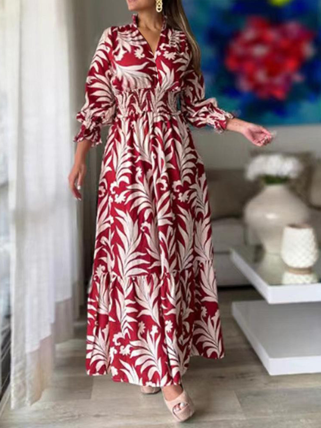 Printed Flounce Sleeve Maxi Dress-Angel Casuals