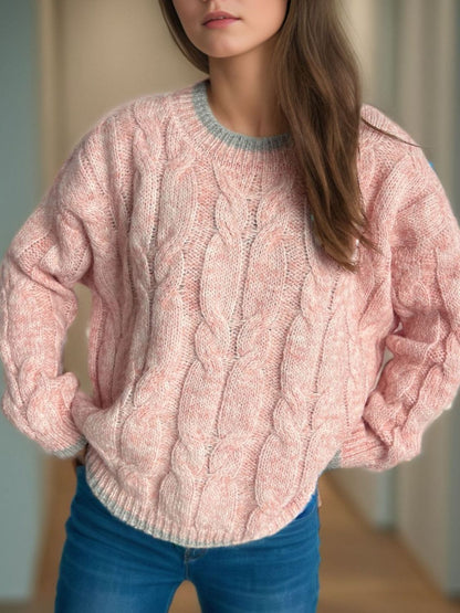 Cable Knit Round Neck Long Sleeve Sweater-Angel Casuals