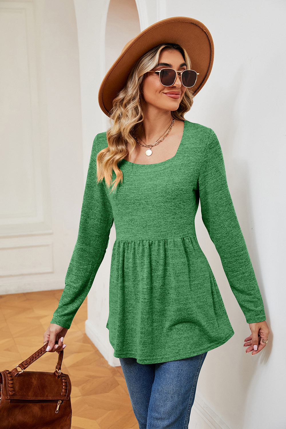 Square Neck Long Sleeve Peplum Top-Angel Casuals