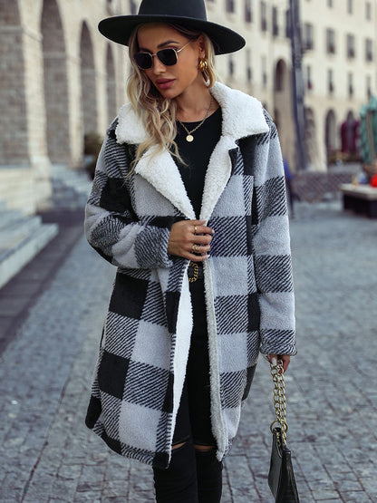 Plaid Open Front Coat with Pockets-Angel Casuals