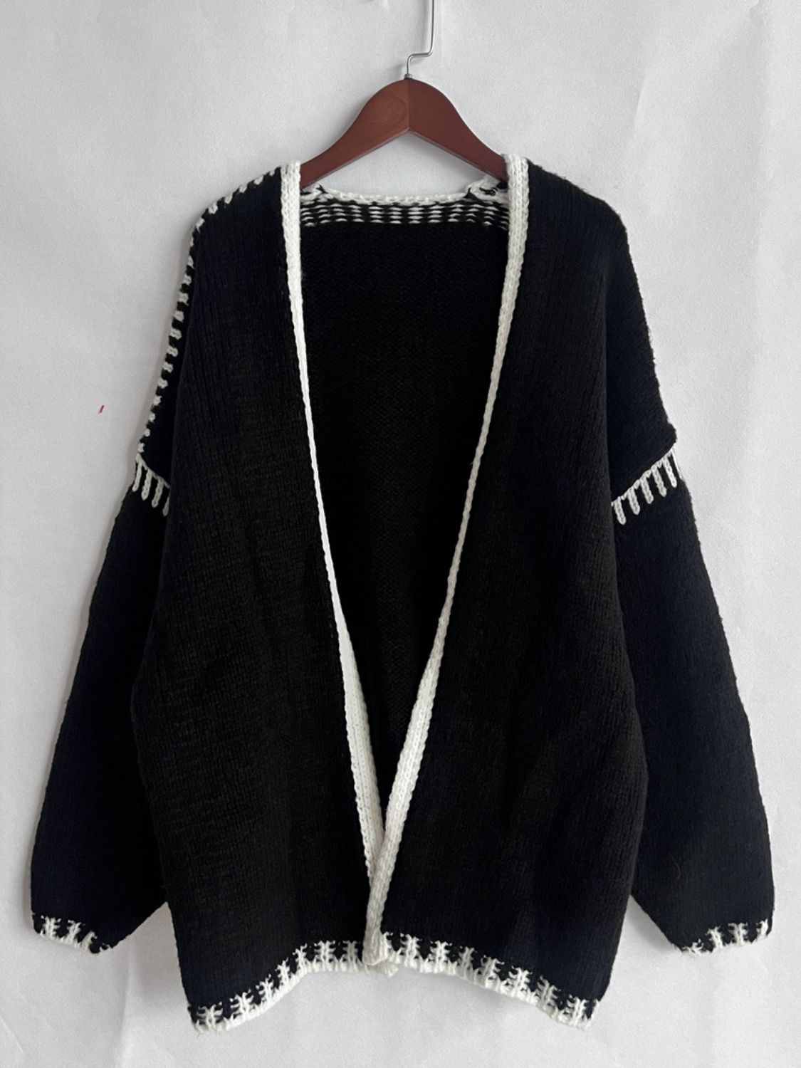 Double Take Contrast Open Front Dropped Shoulder Cardigan-Angel Casuals