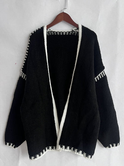 Double Take Contrast Open Front Dropped Shoulder Cardigan-Angel Casuals