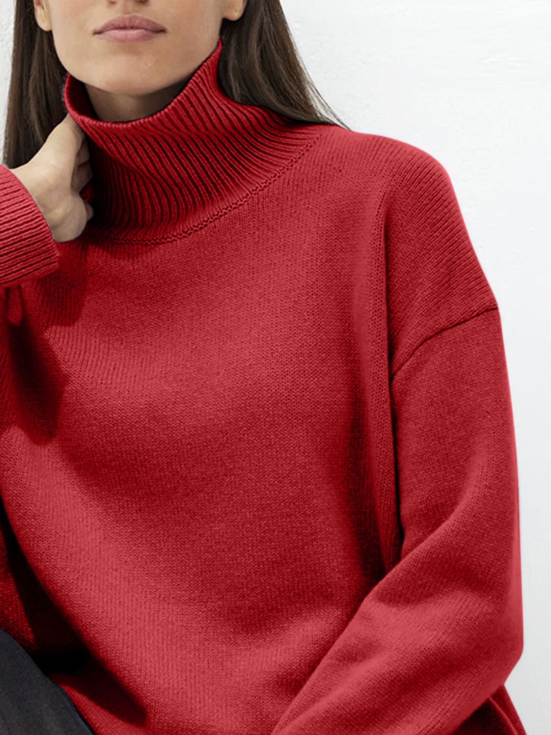 Ribbed Detail Turtleneck Dropped Shoulder Sweater-Angel Casuals