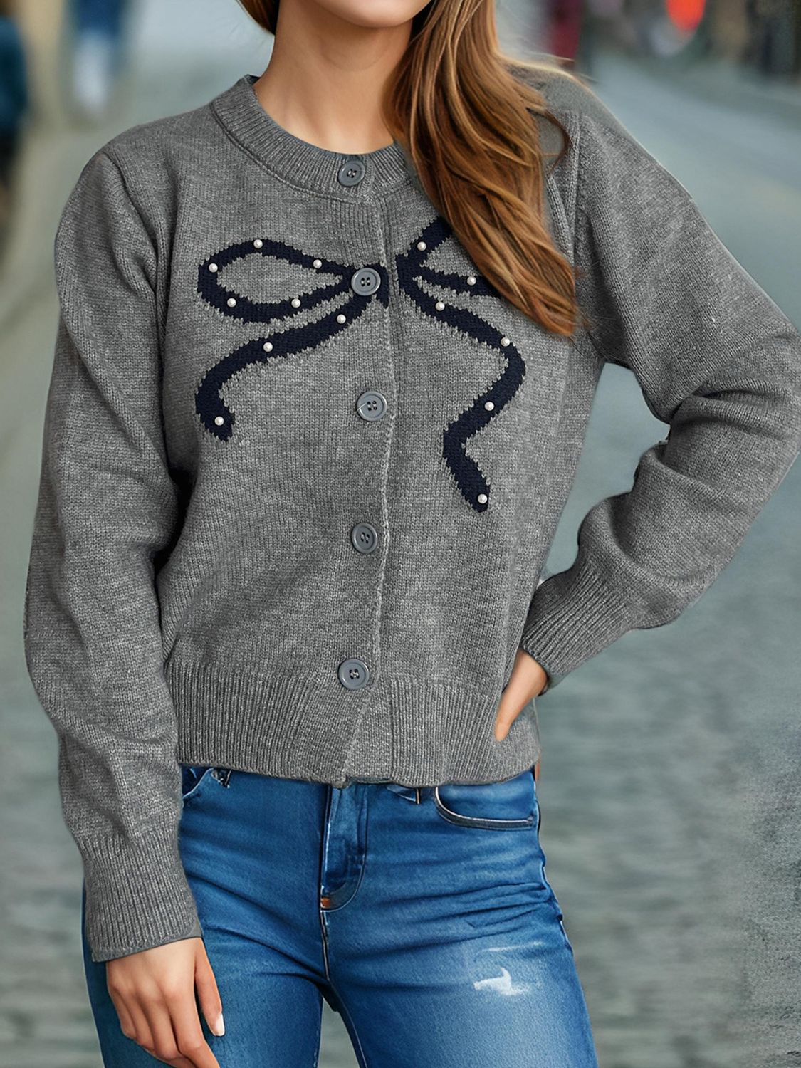 Bow Button Down Round Neck Cardigan-Angel Casuals