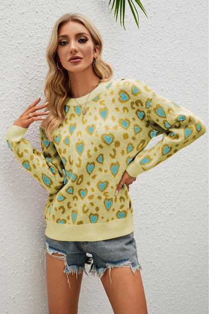 Heart Round Neck Dropped Shoulder Sweater-Angel Casuals