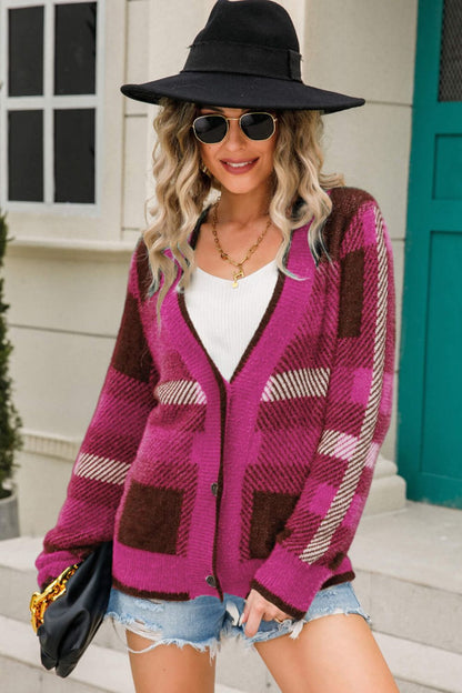 Striped Button-Front Fuzzy Cardigan-Angel Casuals