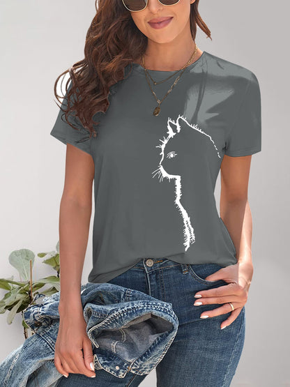 Cat Round Neck Short Sleeve T-Shirt-Angel Casuals