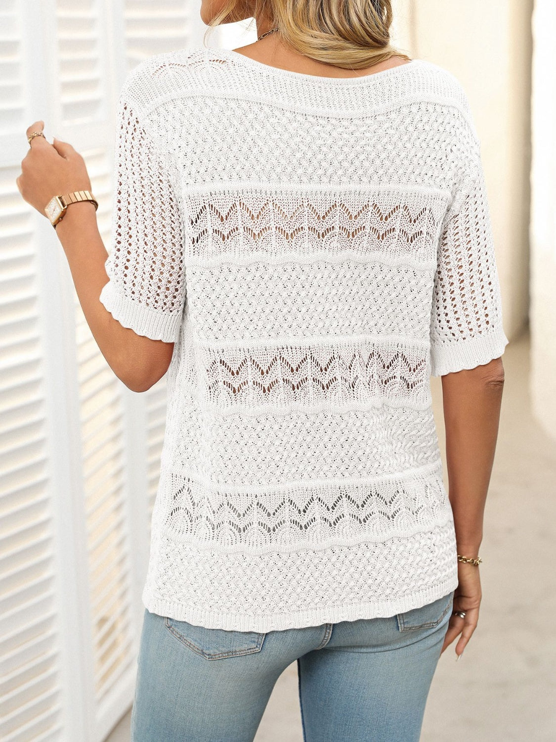 Mandy Openwork Round Neck Half Sleeve Knit Top-Angel Casuals