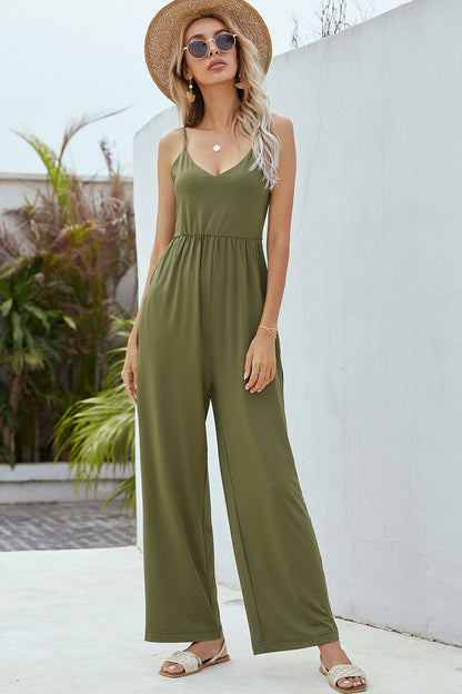 V-Neck Spaghetti Strap Wide Leg Jumpsuit-Angel Casuals