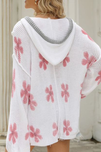 Drawstring Flower Hooded Knit Top-Angel Casuals