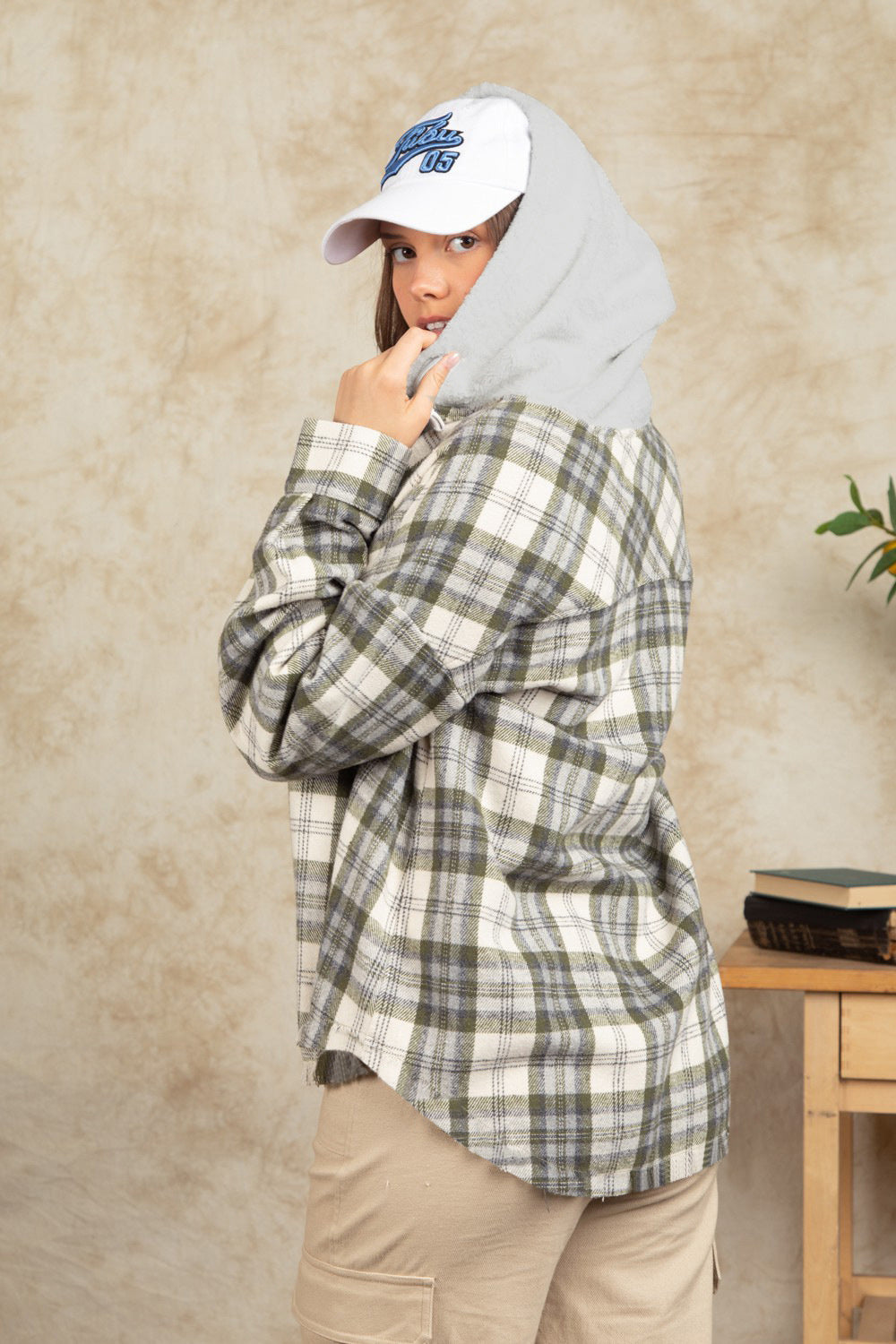 Drawstring Plaid Long Sleeve Hooded Jacket-Angel Casuals
