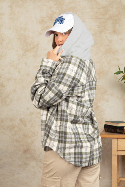 Drawstring Plaid Long Sleeve Hooded Jacket-Angel Casuals
