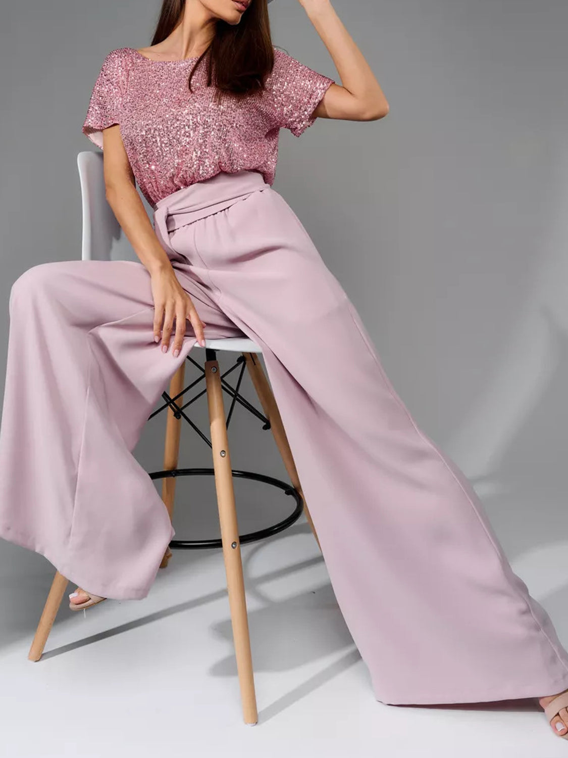 Full Size Sequin Round Neck Short Sleeve Wide Leg Jumpsuit-Angel Casuals