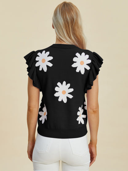 Double Take Full Size Ruffled Flower Round Neck Cap Sleeve Sweater-Angel Casuals